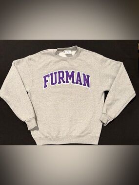 Furman University Spell Out VTG Champion Sweatshirt Pullover Gray Purple Stitch